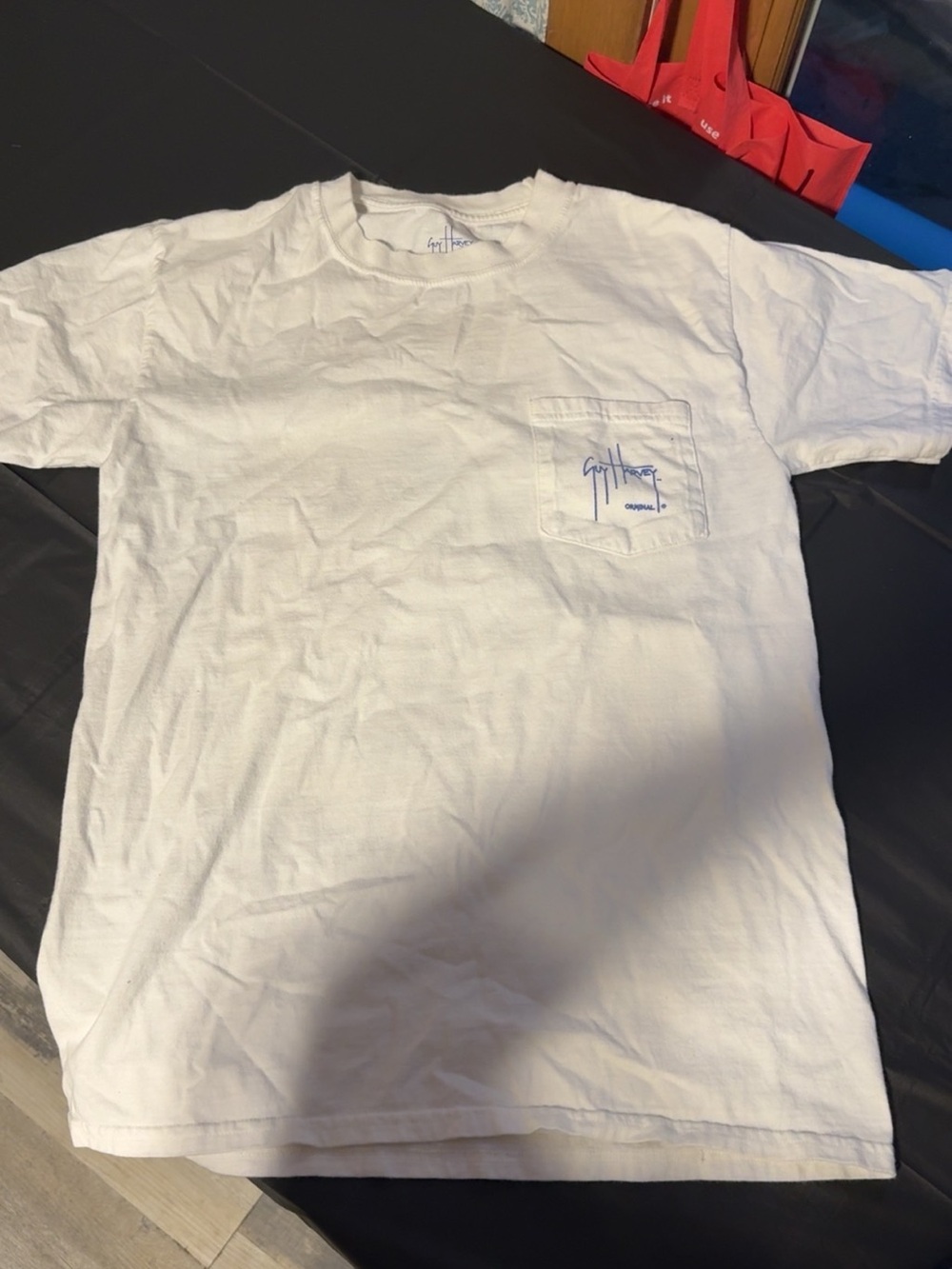 Guy Harvey White Short‑Sleeve Pocket Tee with Blue Script Logo